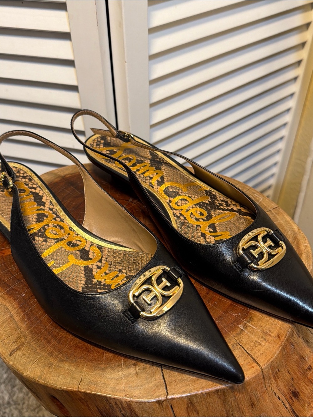 Black Leather Pointed Slingback Flat with Gold Hardware - Picture 2 of 8